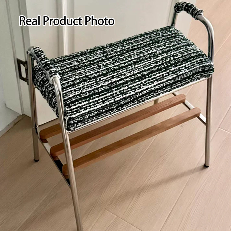 Contemporary Nordic Solid Wood Stainless Steel Cotton Linen Upholstered Accent Bench With Storage Shelf With Armrests For Entryway