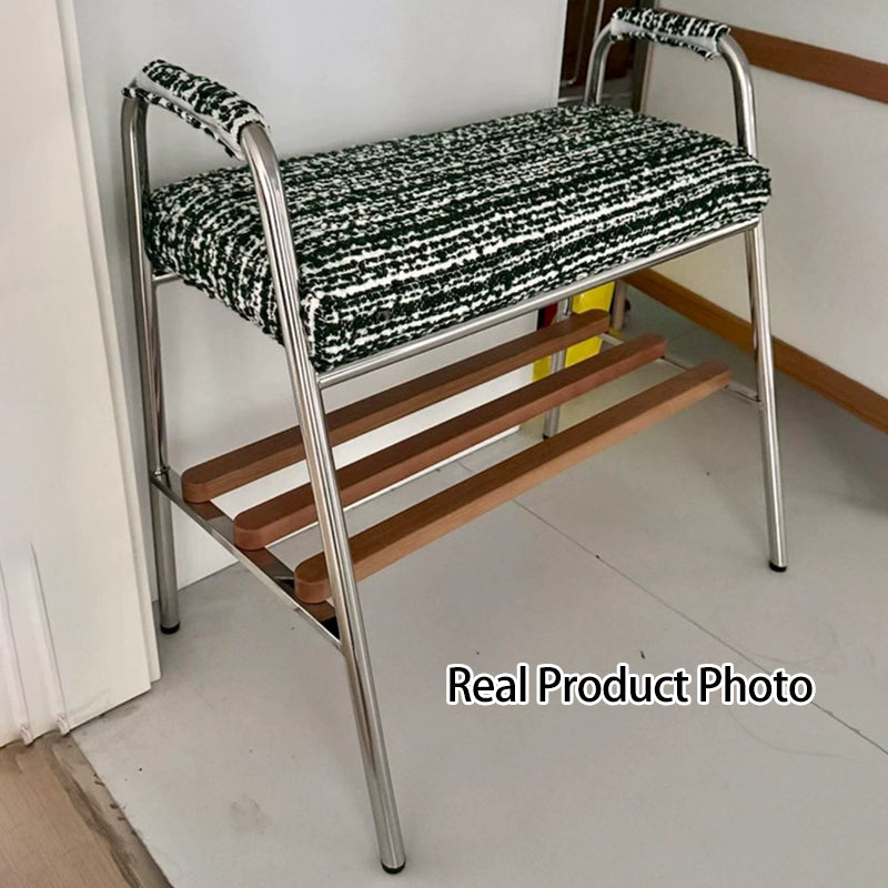 Contemporary Nordic Solid Wood Stainless Steel Cotton Linen Upholstered Accent Bench With Storage Shelf With Armrests For Entryway