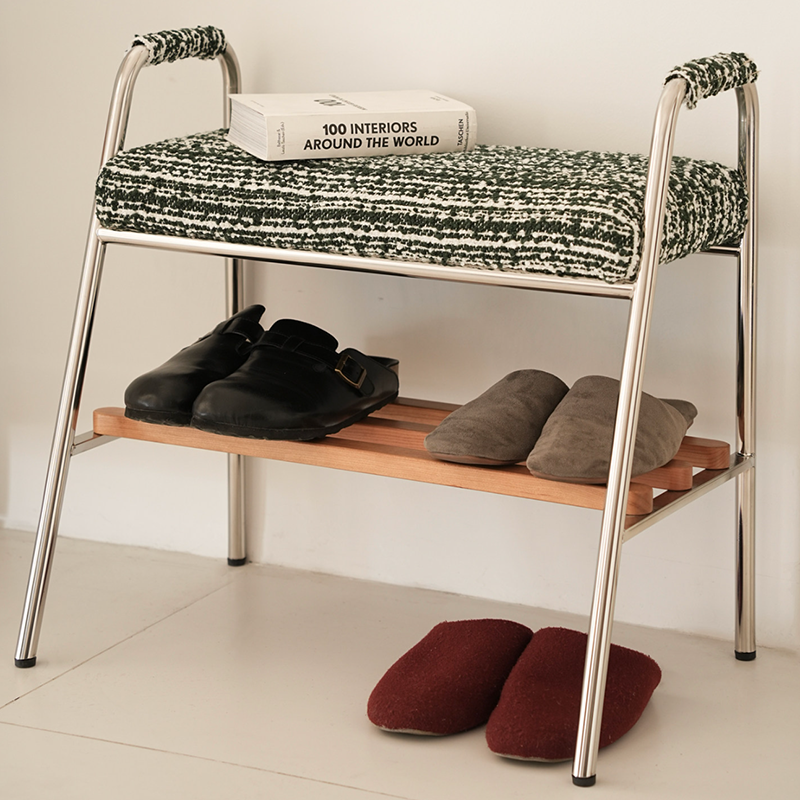 Contemporary Nordic Solid Wood Stainless Steel Cotton Linen Upholstered Accent Bench With Storage Shelf With Armrests For Entryway