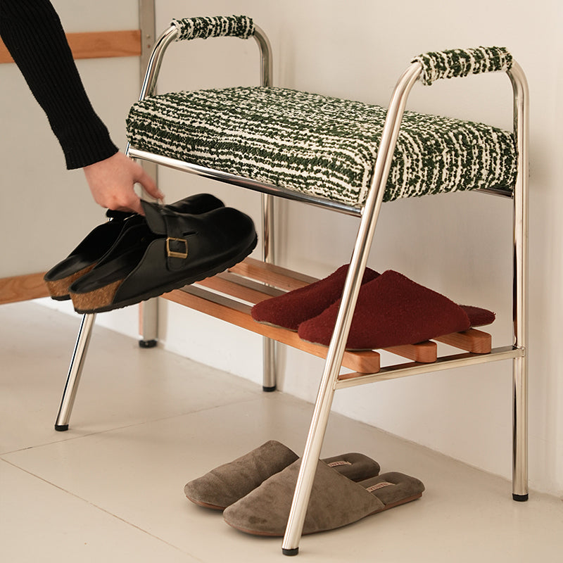 Contemporary Nordic Solid Wood Stainless Steel Cotton Linen Upholstered Accent Bench With Storage Shelf With Armrests For Entryway