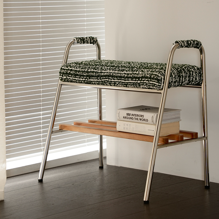 Contemporary Nordic Solid Wood Stainless Steel Cotton Linen Upholstered Accent Bench With Storage Shelf With Armrests For Entryway