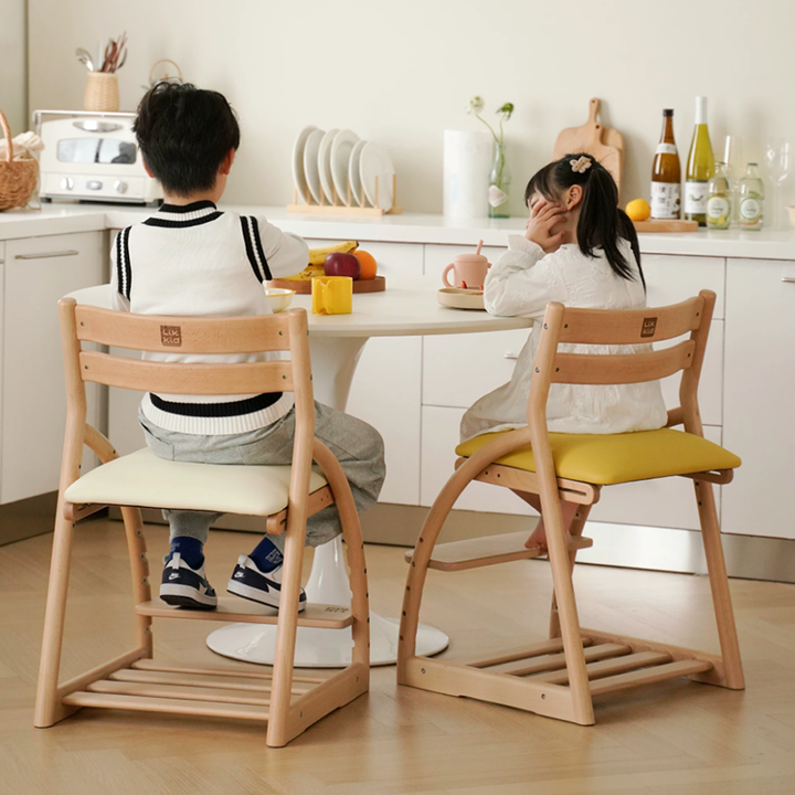 Modern Minimalist Solid Beech Wood Kids Study Chair - Adjustable Height Ergonomic Learning Chair With Footrest & Hidden Gravity Wheels