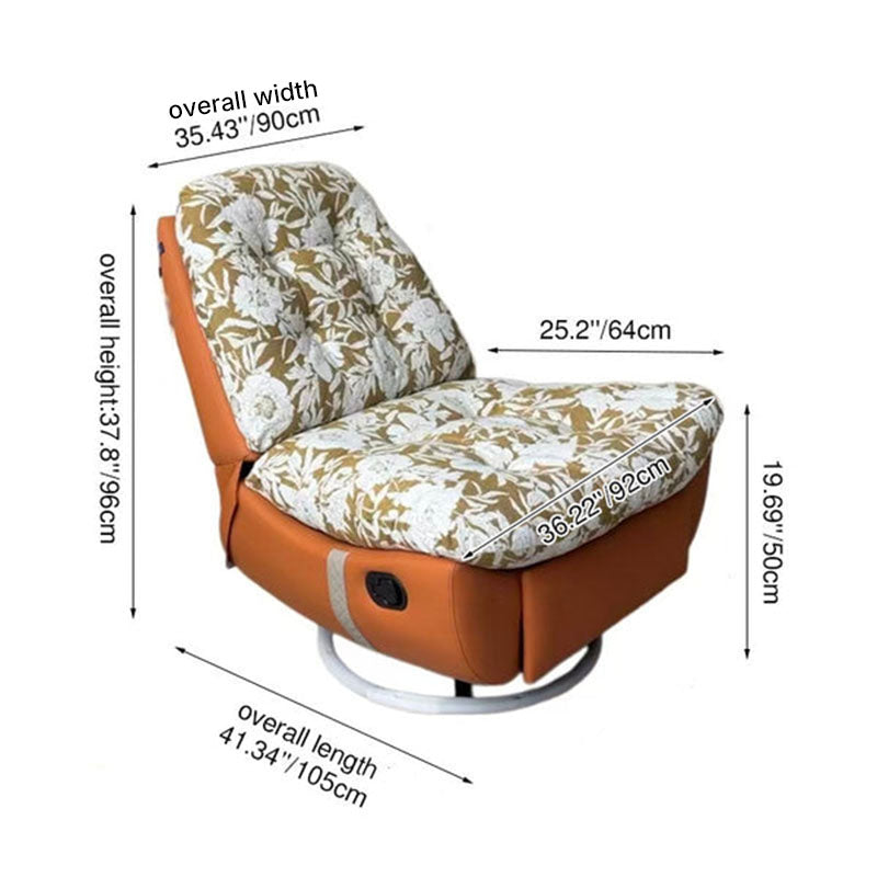 Sillón giratorio retro de madera maciza y metal - Butaca reclinable decorativa floral de algodón y lino con base de cuero ecológico y rotación de 360° 