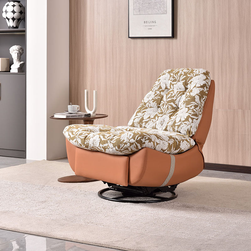 Sillón giratorio retro de madera maciza y metal - Butaca reclinable decorativa floral de algodón y lino con base de cuero ecológico y rotación de 360° 