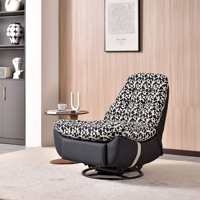 Sillón giratorio retro de madera maciza y metal - Butaca reclinable decorativa floral de algodón y lino con base de cuero ecológico y rotación de 360° 