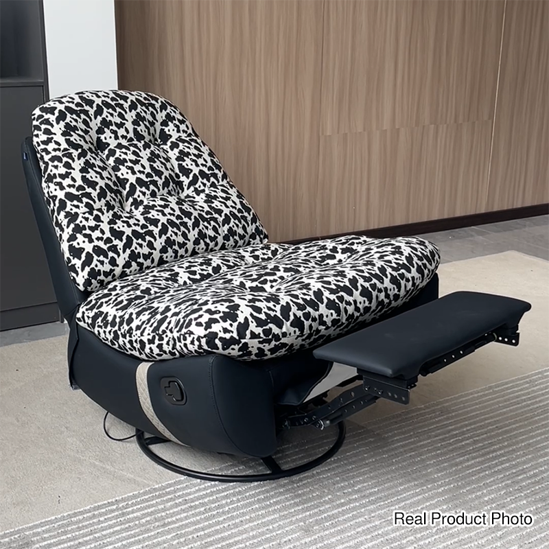 Sillón giratorio retro de madera maciza y metal - Butaca reclinable decorativa floral de algodón y lino con base de cuero ecológico y rotación de 360° 