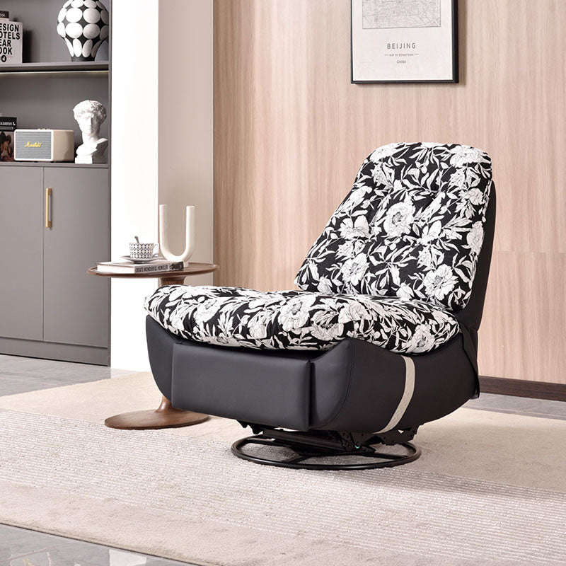 Sillón giratorio retro de madera maciza y metal - Butaca reclinable decorativa floral de algodón y lino con base de cuero ecológico y rotación de 360° 