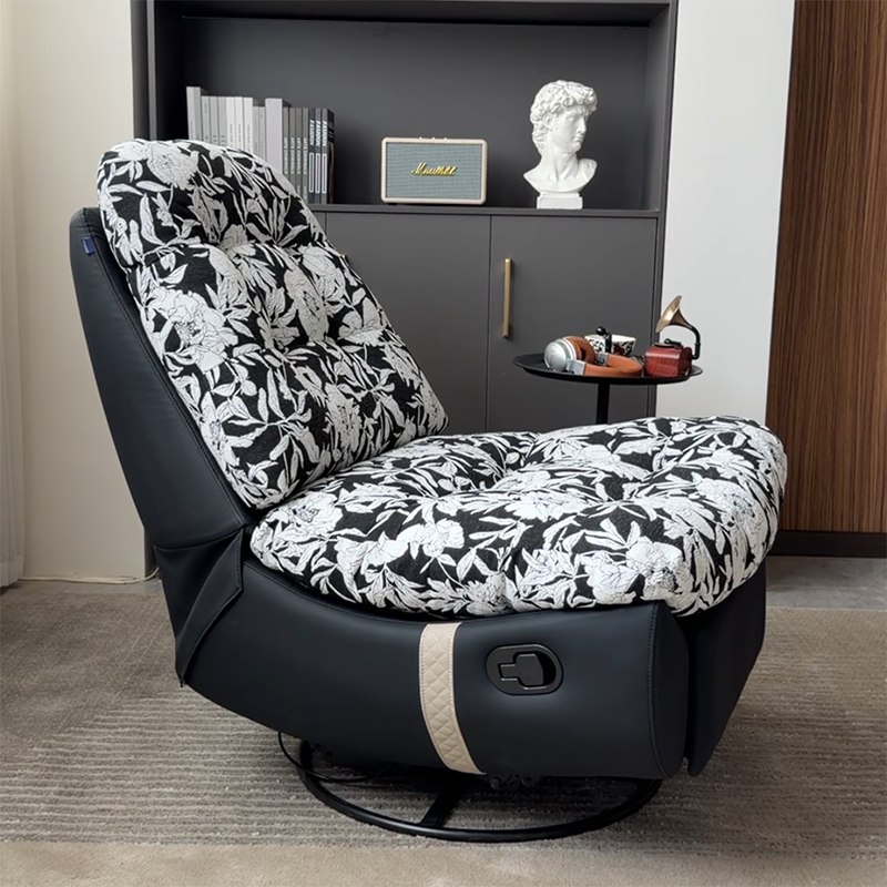 Sillón giratorio retro de madera maciza y metal - Butaca reclinable decorativa floral de algodón y lino con base de cuero ecológico y rotación de 360° 