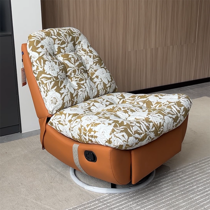 Sillón giratorio retro de madera maciza y metal - Butaca reclinable decorativa floral de algodón y lino con base de cuero ecológico y rotación de 360° 