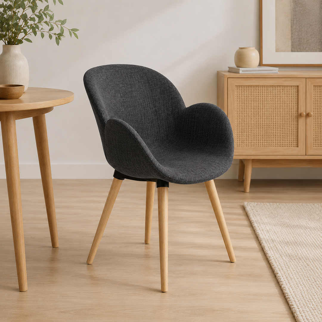 Contemporary Nordic Upholstered Dining Chair With Armrests - Fabric Seat PP Frame &amp; Solid Beech Wood Legs, Set Of 2