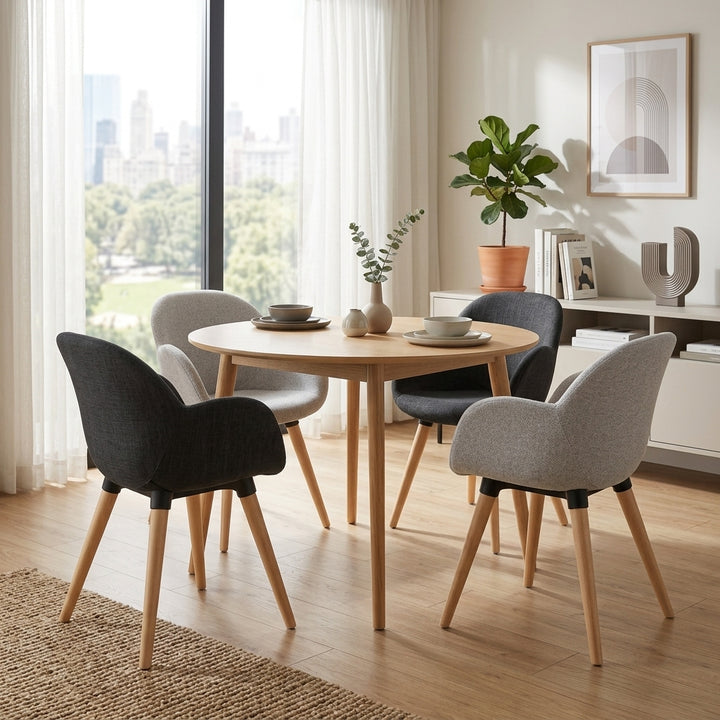 Contemporary Nordic Upholstered Dining Chair With Armrests - Fabric Seat PP Frame &amp; Solid Beech Wood Legs, Set Of 2
