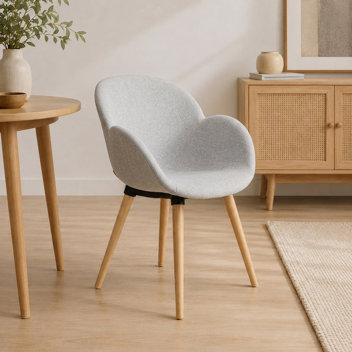 Contemporary Nordic Upholstered Dining Chair With Armrests - Fabric Seat PP Frame &amp; Solid Beech Wood Legs, Set Of 2