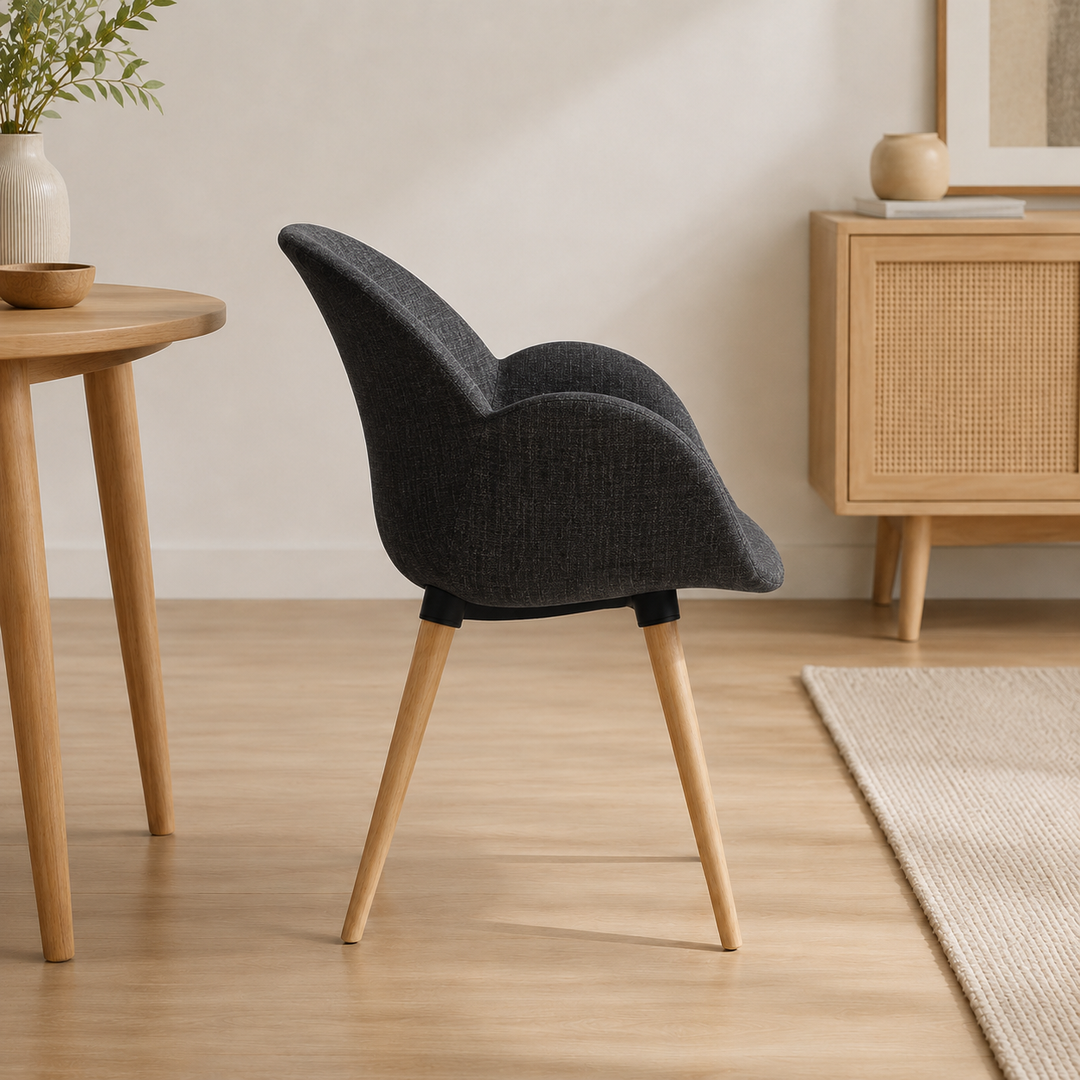 Contemporary Nordic Upholstered Dining Chair With Armrests - Fabric Seat PP Frame &amp; Solid Beech Wood Legs, Set Of 2