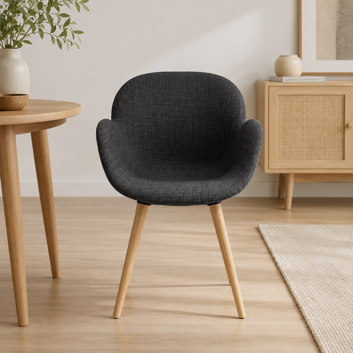 Contemporary Nordic Upholstered Dining Chair With Armrests - Fabric Seat PP Frame &amp; Solid Beech Wood Legs, Set Of 2