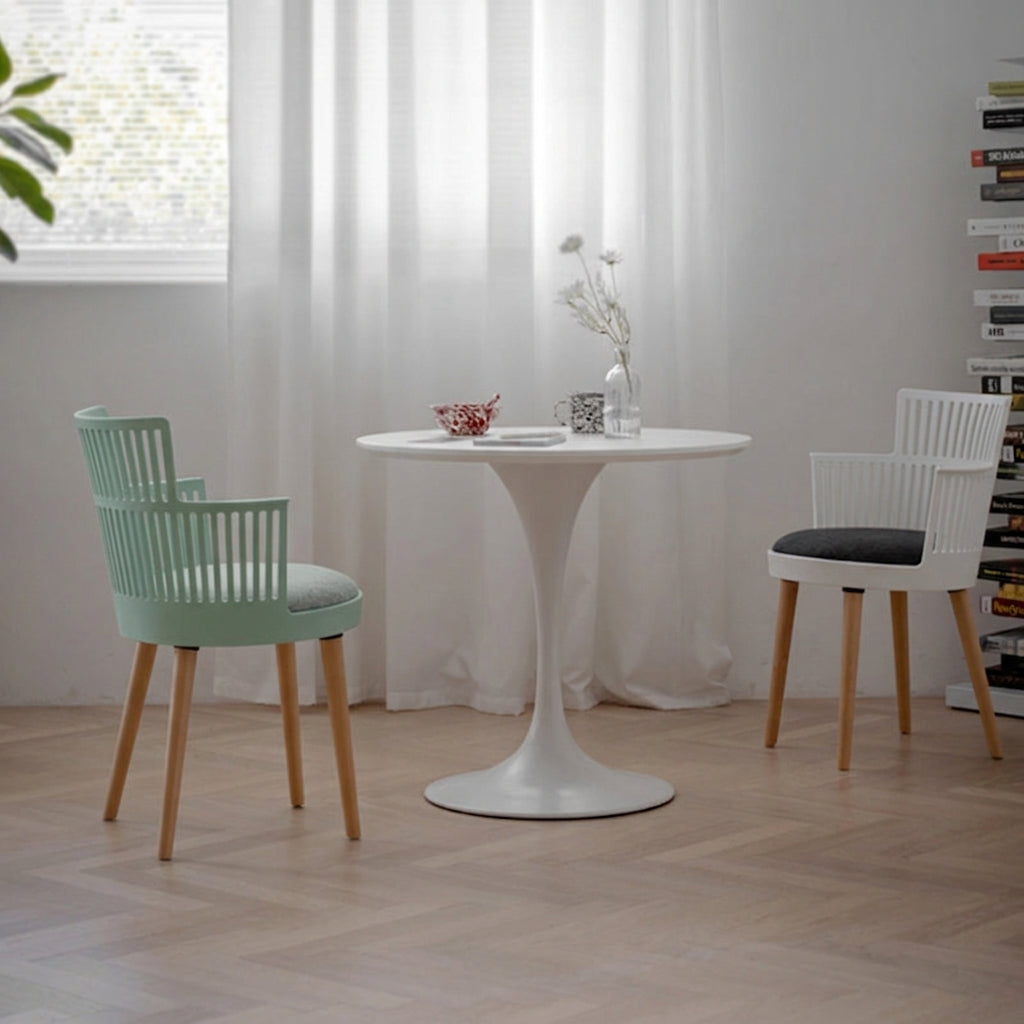 Contemporary Nordic PP Nylon &amp; Beech Wood Dining Chair With Open Slat Back &amp; Upholstered Seat - Armchair For Dining Room, Kitchen &amp; Cafe
