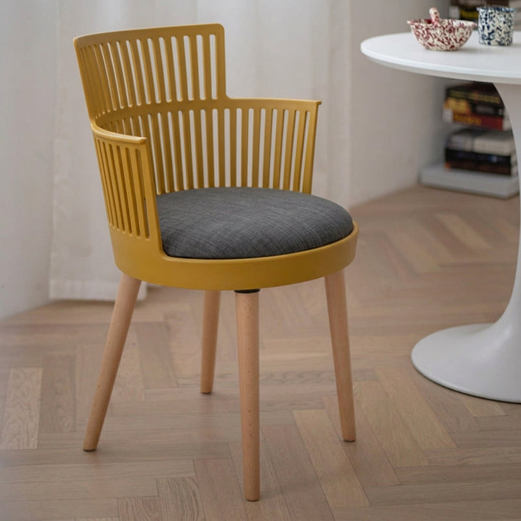 Contemporary Nordic PP Nylon &amp; Beech Wood Dining Chair With Open Slat Back &amp; Upholstered Seat - Armchair For Dining Room, Kitchen &amp; Cafe