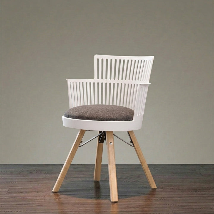 Contemporary Nordic PP Iron &amp; Beech Wood Dining Chair With Slatted Back &amp; Round Upholstered Seat - Armchair For Dining Room, Kitchen &amp; Cafe