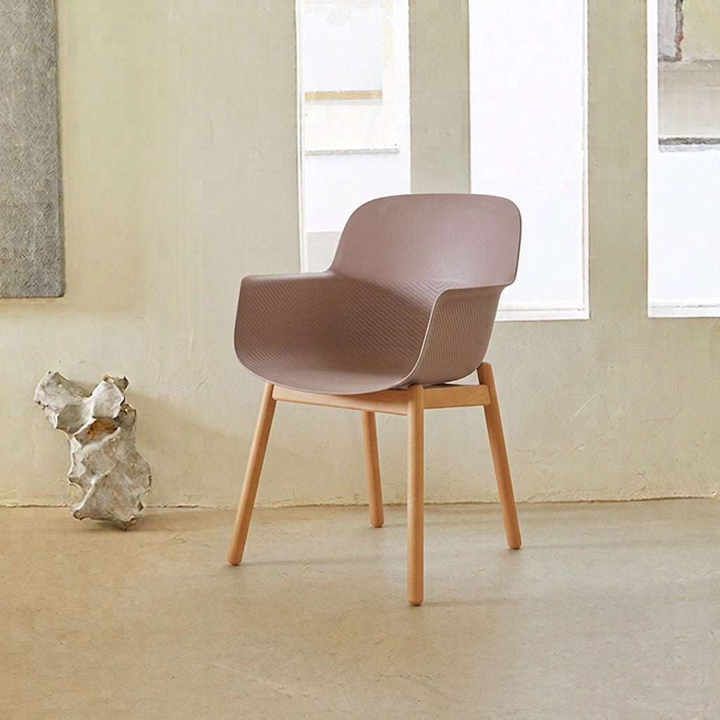 Contemporary Nordic PP &amp; Beech Wood Dining Chair With Ergonomic Curved Back &amp; Armrests - Modern Accent Chair For Dining Room, Kitchen &amp; Cafe