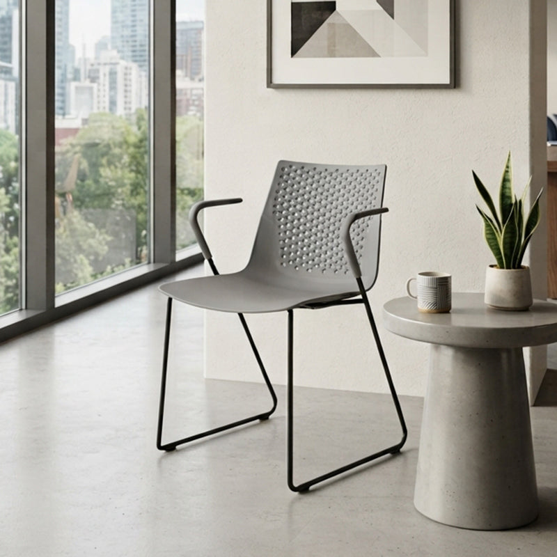 Modern Minimalist PP Office Chair With Armrests &amp; Breathable Perforated Back - Steel Frame Dining Chair For Home Office &amp; Dining Room