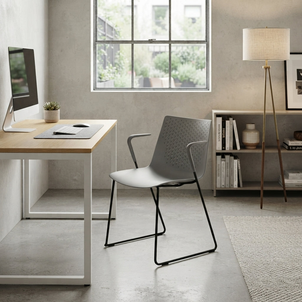 Modern Minimalist PP Office Chair With Armrests &amp; Breathable Perforated Back - Steel Frame Dining Chair For Home Office &amp; Dining Room