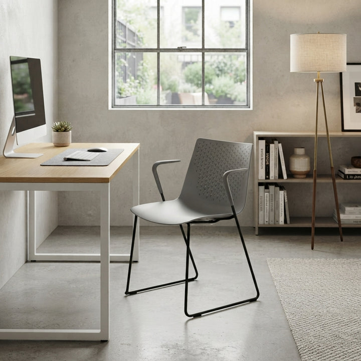 Modern Minimalist PP Office Chair With Armrests &amp; Breathable Perforated Back - Steel Frame Dining Chair For Home Office &amp; Dining Room