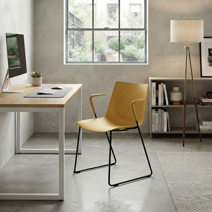 Modern Minimalist PP Office Chair With Armrests &amp; Breathable Perforated Back - Steel Frame Dining Chair For Home Office &amp; Dining Room