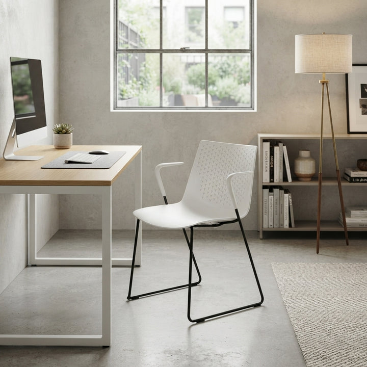 Modern Minimalist PP Office Chair With Armrests &amp; Breathable Perforated Back - Steel Frame Dining Chair For Home Office &amp; Dining Room