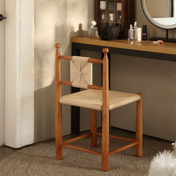 Contemporary Scandinavian Rectangular Kraft Paper Weaving Solid Wood Bistro Dining Chair With Backrest &amp; Footrest For Dining Room