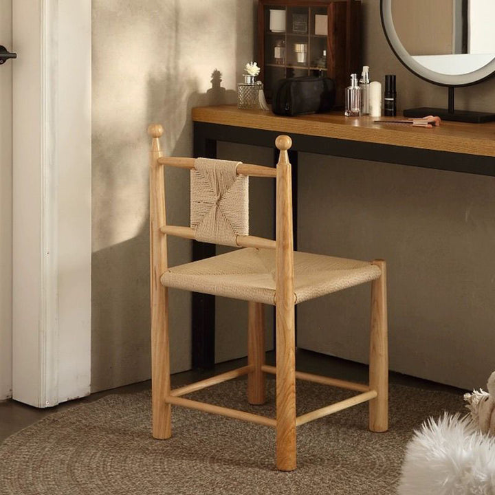 Contemporary Scandinavian Rectangular Kraft Paper Weaving Solid Wood Bistro Dining Chair With Backrest &amp; Footrest For Dining Room