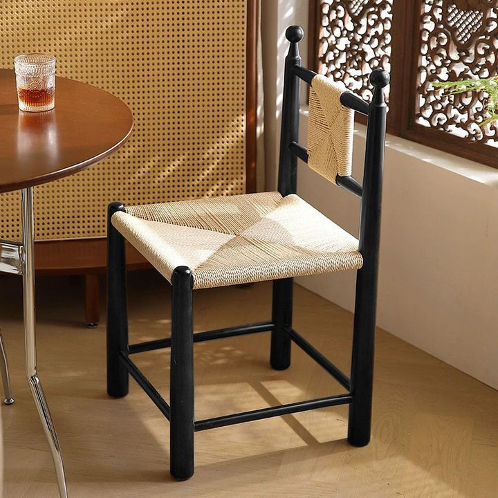Contemporary Scandinavian Rectangular Kraft Paper Weaving Solid Wood Bistro Dining Chair With Backrest &amp; Footrest For Dining Room