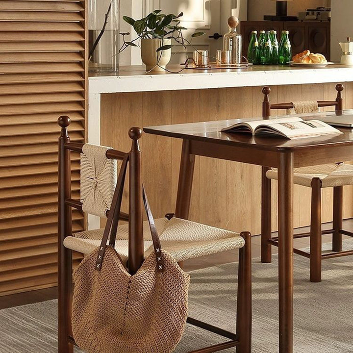 Contemporary Scandinavian Rectangular Kraft Paper Weaving Solid Wood Bistro Dining Chair With Backrest &amp; Footrest For Dining Room