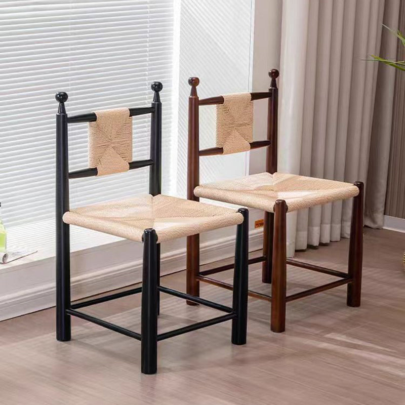 Contemporary Scandinavian Rectangular Kraft Paper Weaving Solid Wood Bistro Dining Chair With Backrest &amp; Footrest For Dining Room