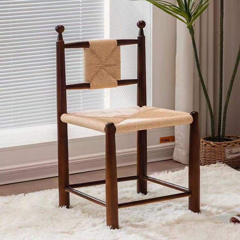 Contemporary Scandinavian Rectangular Kraft Paper Weaving Solid Wood Bistro Dining Chair With Backrest &amp; Footrest For Dining Room