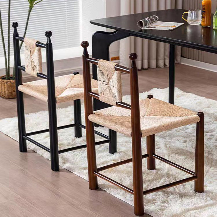 Contemporary Scandinavian Rectangular Kraft Paper Weaving Solid Wood Bistro Dining Chair With Backrest & Footrest For Dining Room