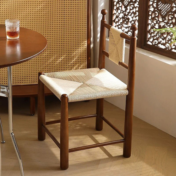 Contemporary Scandinavian Rectangular Kraft Paper Weaving Solid Wood Bistro Dining Chair With Backrest & Footrest For Dining Room