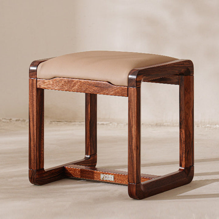 Modern Minimalist Solid Wood Vanity Stool With Faux Leather Cushion For Bedroom &amp; Dressing Area