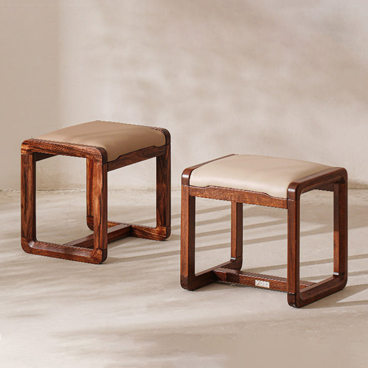Modern Minimalist Solid Wood Vanity Stool With Faux Leather Cushion For Bedroom &amp; Dressing Area