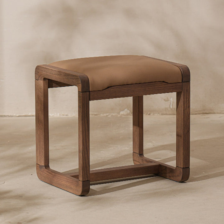 Modern Minimalist Solid Wood Vanity Stool With Faux Leather Cushion For Bedroom &amp; Dressing Area