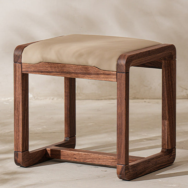 Modern Minimalist Solid Wood Vanity Stool With Faux Leather Cushion For Bedroom &amp; Dressing Area