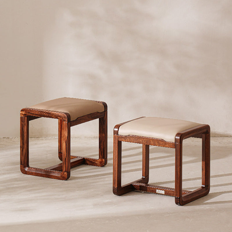 Modern Minimalist Solid Wood Vanity Stool With Faux Leather Cushion For Bedroom &amp; Dressing Area