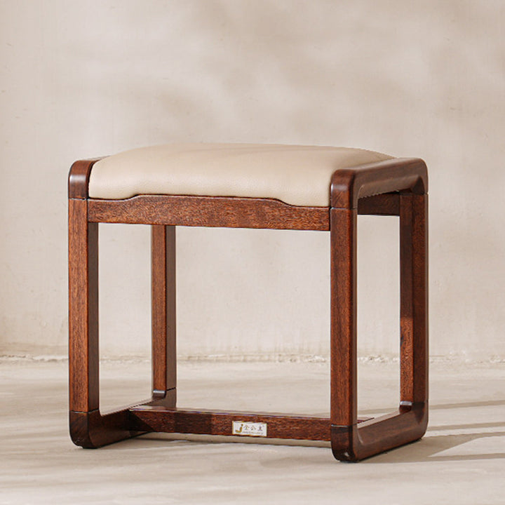 Modern Minimalist Solid Wood Vanity Stool With Faux Leather Cushion For Bedroom &amp; Dressing Area