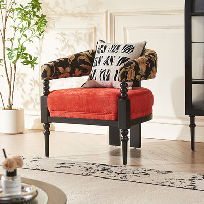 Traditional French Solid Ash Wood Curved Handrail Cotton-Linen Blend Accent Chair & Table Set For Living Room