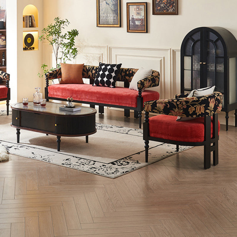 Traditional French Solid Ash Wood Curved Handrail Cotton-Linen Blend Accent Chair & Table Set For Living Room
