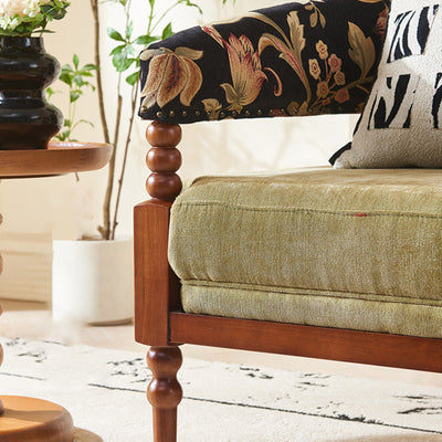 Traditional French Solid Ash Wood Curved Handrail Cotton-Linen Blend Accent Chair & Table Set For Living Room