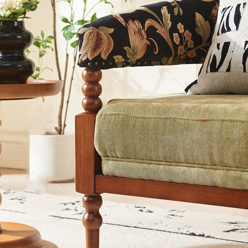 Traditional French Solid Ash Wood Curved Handrail Cotton-Linen Blend Accent Chair & Table Set For Living Room
