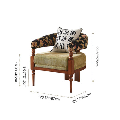 Traditional French Solid Ash Wood Curved Handrail Cotton-Linen Blend Accent Chair & Table Set For Living Room