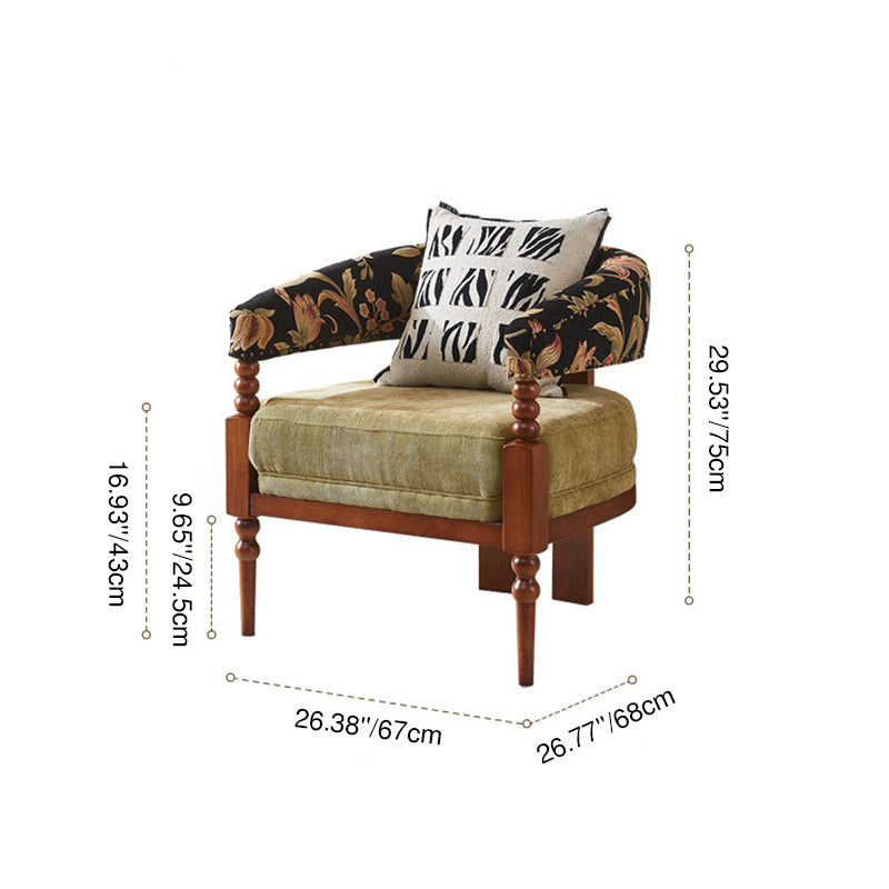 Traditional French Solid Ash Wood Curved Handrail Cotton-Linen Blend Accent Chair & Table Set For Living Room