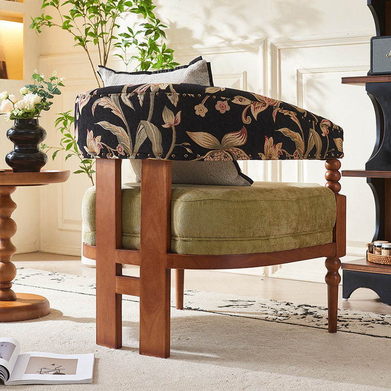 Traditional French Solid Ash Wood Curved Handrail Cotton-Linen Blend Accent Chair & Table Set For Living Room