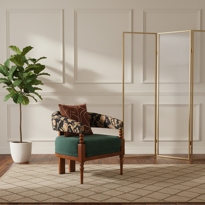Traditional French Solid Ash Wood Curved Handrail Cotton-Linen Blend Accent Chair & Table Set For Living Room