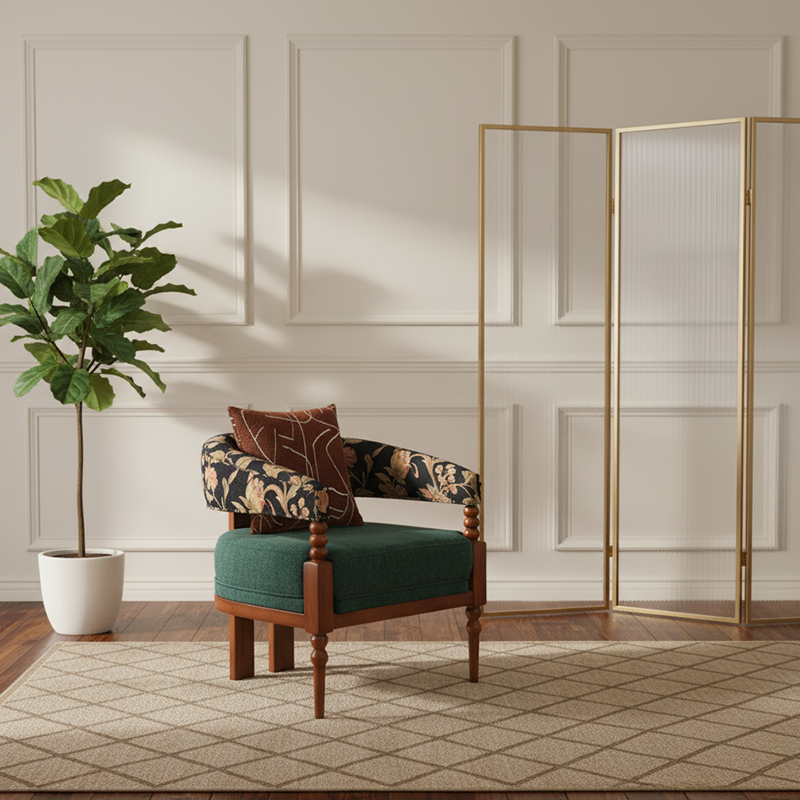 Traditional French Solid Ash Wood Curved Handrail Cotton-Linen Blend Accent Chair & Table Set For Living Room